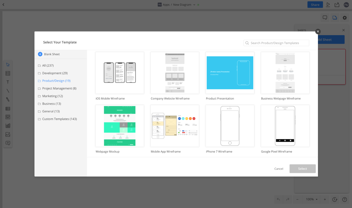 Select your wireframe template in the Cacoo editor
