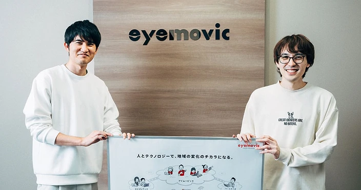 株式会社アイムービック様のロゴと、社員のお二人を写した写真。